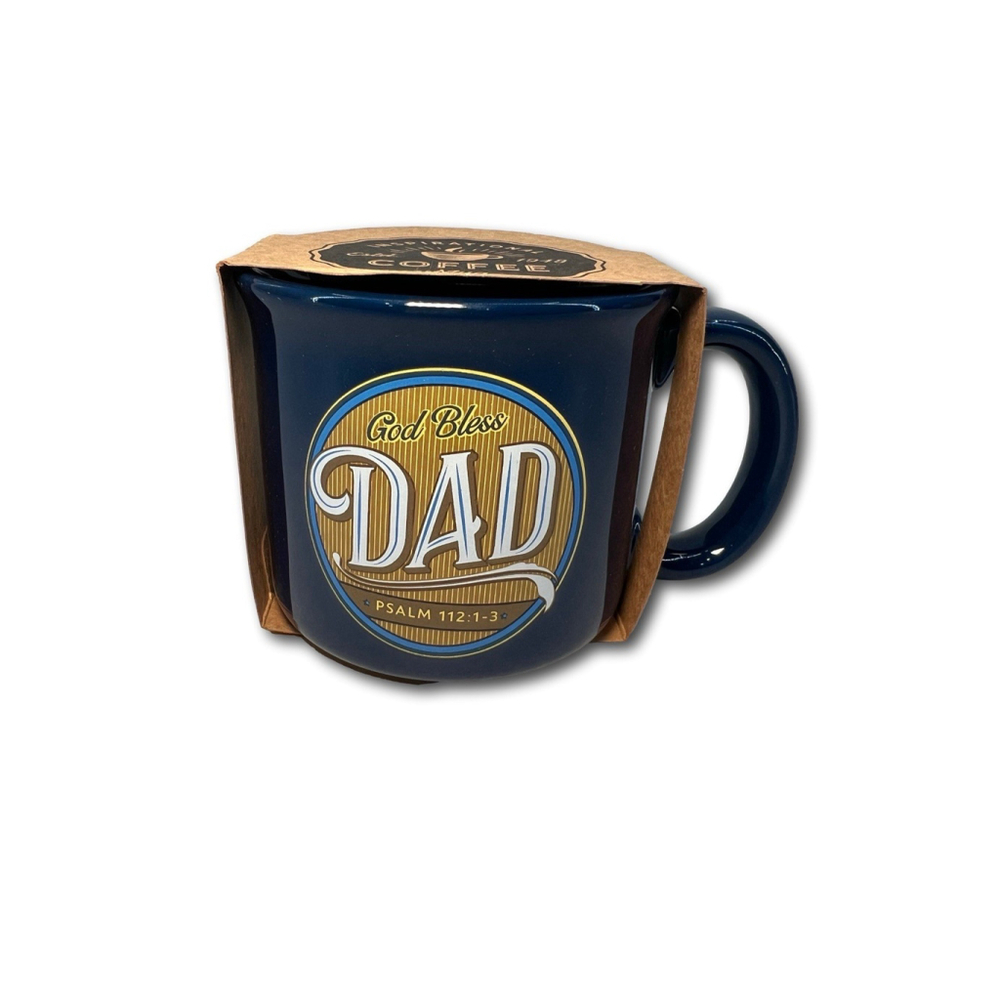 "God Bless Dad" coffee mug featuring the Bible verse Psalm 112:1-3 Blue Cup